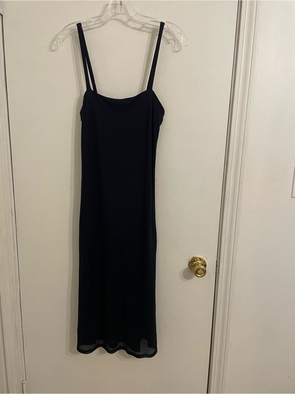 Express Black Ribbed Midi Slip Dress with Spaghetti Straps